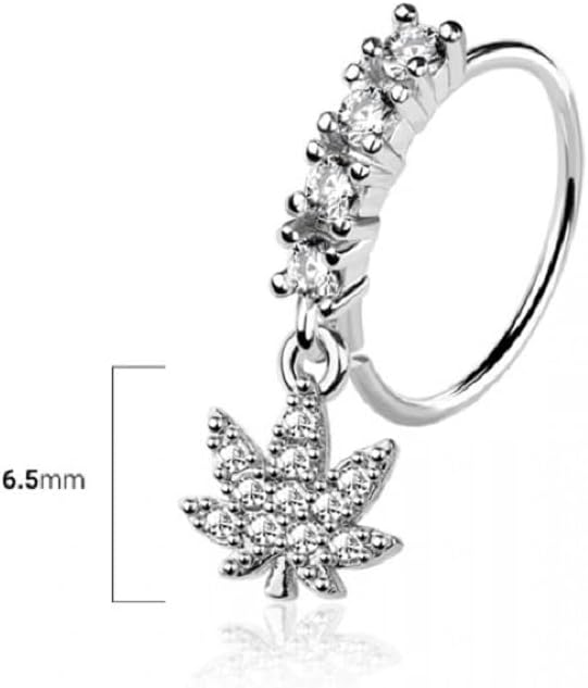 Pierced Owl 20GA 316L Stainless Steel CZ Crystal Lined Hoop with Pot Leaf Charm Bendable Nose Ring