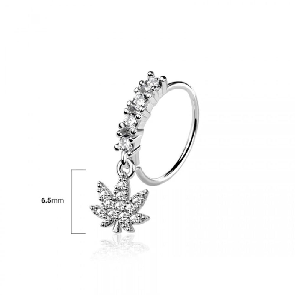 Pierced Owl 20GA 316L Stainless Steel CZ Crystal Lined Hoop with Pot Leaf Charm Bendable Nose Ring