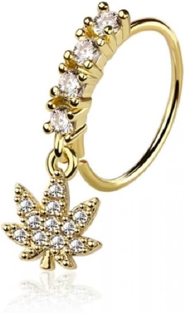 Pierced Owl 20GA 316L Stainless Steel CZ Crystal Lined Hoop with Pot Leaf Charm Bendable Nose Ring
