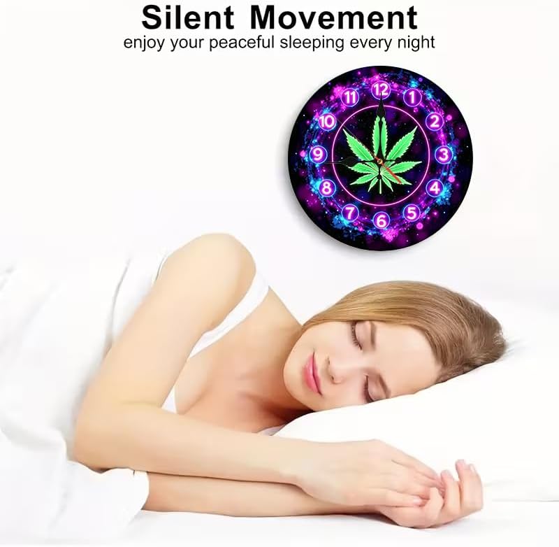 Neon Cosmic Cannabis Leaf Clock 2D Art Print Silent Wall Clock, 10/12 Inch, Battery Operated No Battery, Home Bedroom Office Decor