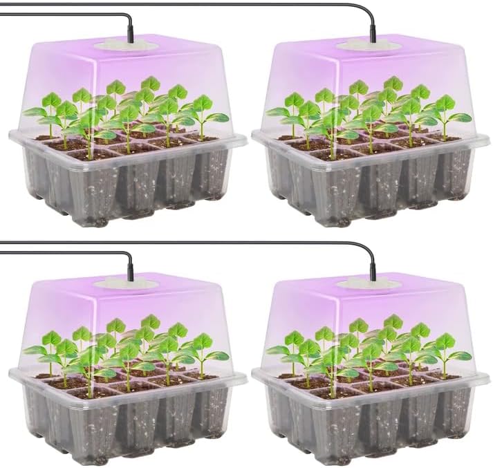 Kit de inicio de semillas MIXC con luz de crecimiento, kit de bandeja para plántulas elevadas con cúpula de humedad ajustable y bandeja de celdas transparentes, 12 perlas LED de espectro completo para