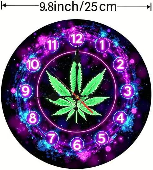 Neon Cosmic Cannabis Leaf Clock 2D Art Print Silent Wall Clock, 10/12 Inch, Battery Operated No Battery, Home Bedroom Office Decor