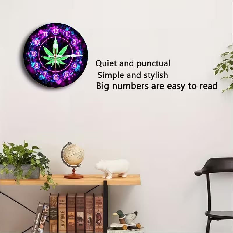 Neon Cosmic Cannabis Leaf Clock 2D Art Print Silent Wall Clock, 10/12 Inch, Battery Operated No Battery, Home Bedroom Office Decor