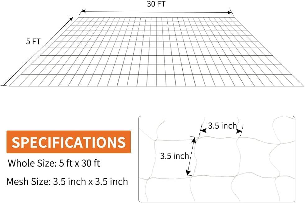Tcamp Heavy-Duty Polyester Garden Trellis Netting, 5Ft x15Ft (1 Pack) | 3.5" Opening Mesh Plant Climbing Net for Growing Vines Plants Vegetables Fruits Flowers, White Grow Tent