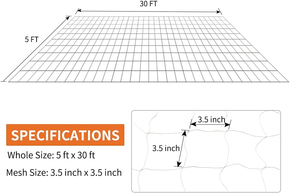 Tcamp Heavy-Duty Polyester Garden Trellis Netting, 5Ft x15Ft (1 Pack) | 3.5" Opening Mesh Plant Climbing Net for Growing Vines Plants Vegetables Fruits Flowers, White Grow Tent