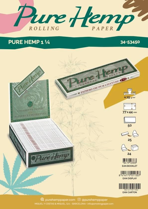 Pure Hemp Classic Medium / 1/4" / 78mm Size Rolling Paper - Pack of 5 Booklets (50 Leaves Per Book!)
