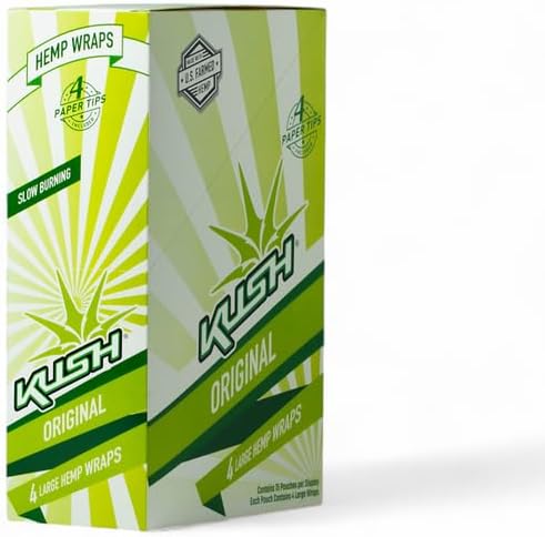 KUSH Natural Hemp Wraps | 4 wraps & tips per pack | 15 pack Display | 60 Hemp wraps & tips | Smooth, Slow & Even Burn
