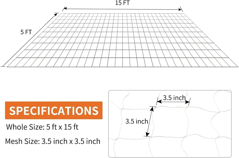 Tcamp Heavy-Duty Polyester Garden Trellis Netting, 5Ft x15Ft (1 Pack) | 3.5" Opening Mesh Plant Climbing Net for Growing Vines Plants Vegetables Fruits Flowers, White Grow Tent