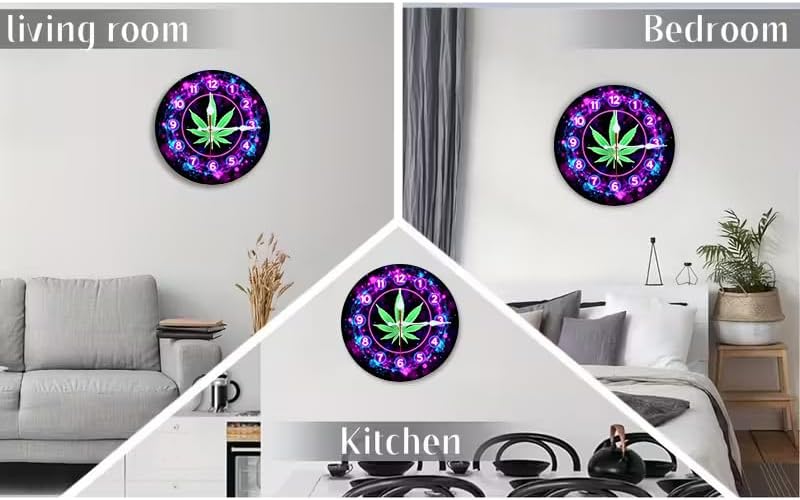 Neon Cosmic Cannabis Leaf Clock 2D Art Print Silent Wall Clock, 10/12 Inch, Battery Operated No Battery, Home Bedroom Office Decor