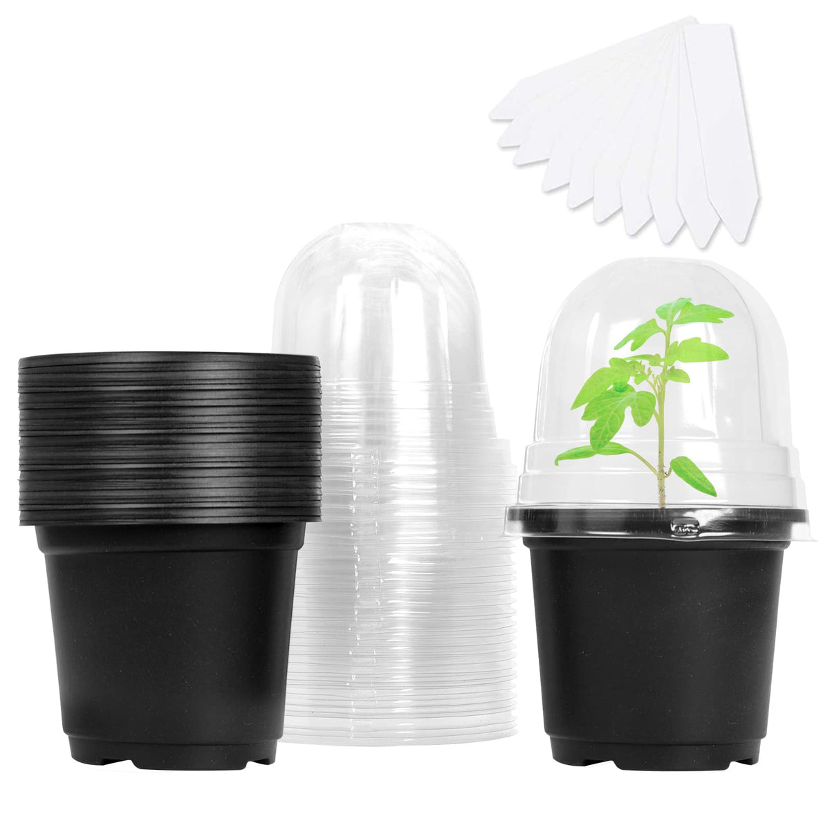 MIXC Plant Nursery Pots with Humidity Dome 4" Soft Transparent Plastic Gardening Pot Planting Containers Cups Planter Small Starter Seed Starting Trays for Seedling with 10pcs Plant Labels，30 Sets