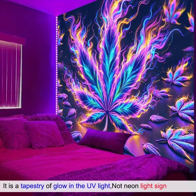 BlissYard Blacklight Tapestry Cannabis Leaf Bedroom Decor 78 x 59 Inch | Cannabis Leaf UV Wall Hanging Smoking Neon Backdrop for Bedroom Party Dorm Style