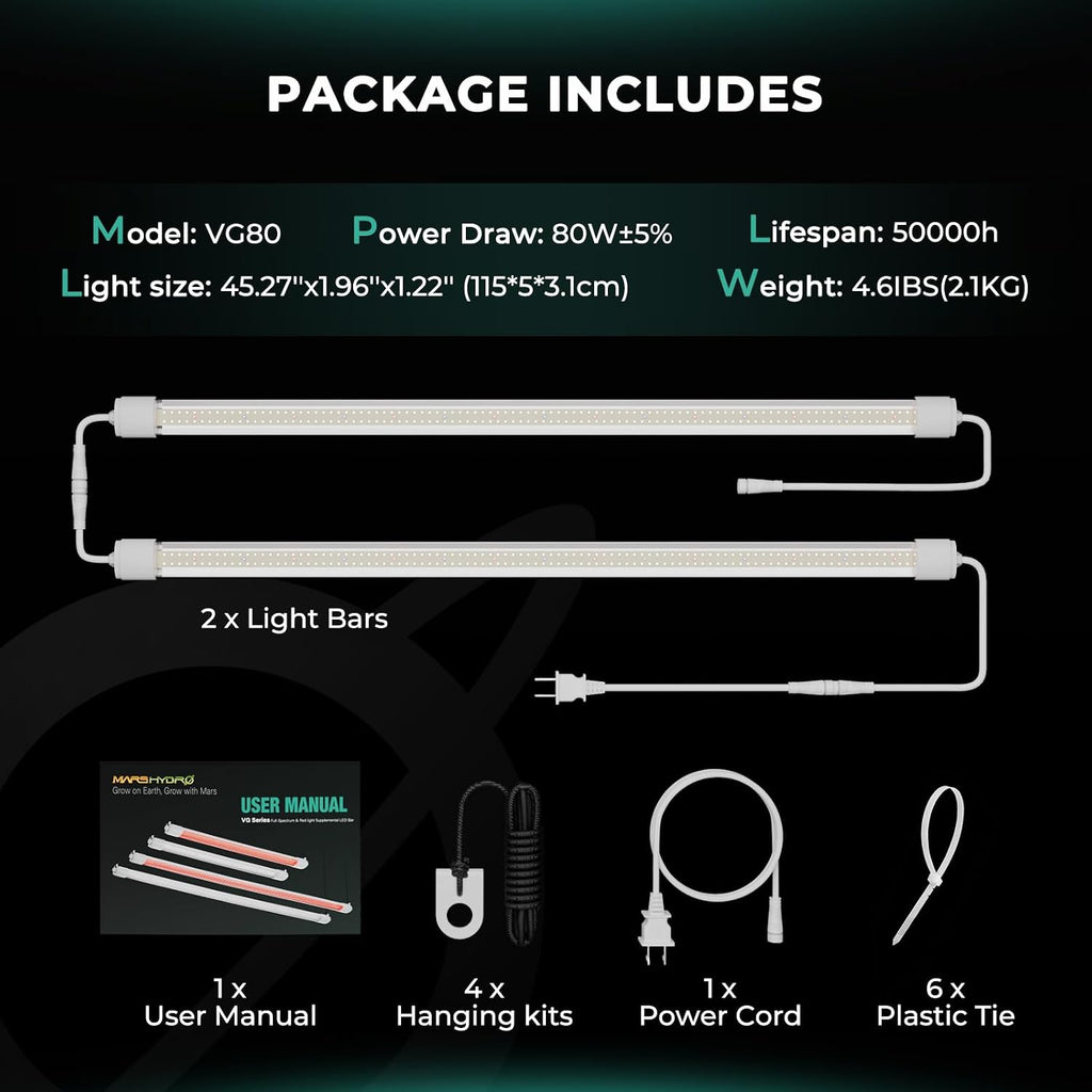 MARS HYDRO VG80 4ft LED Grow Light Full Spectrum IP65 | 2x4 Coverage, 5000K Seedling Spectrum, Daisy Chain Linkable, Plug & Play, 2-Pack 40W