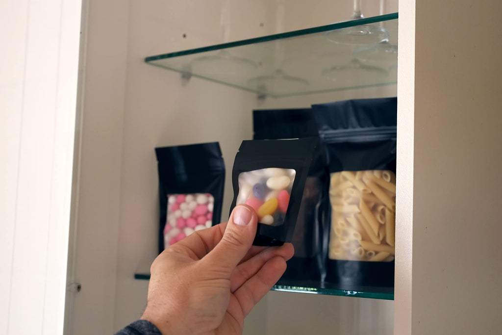 HANSER | Smell Proof Odorless Mylar Resealable Foil Pouch Bags with clear Window | Stand up bottom | Airtight | matte black | 100 Pieces | 4x6 inches