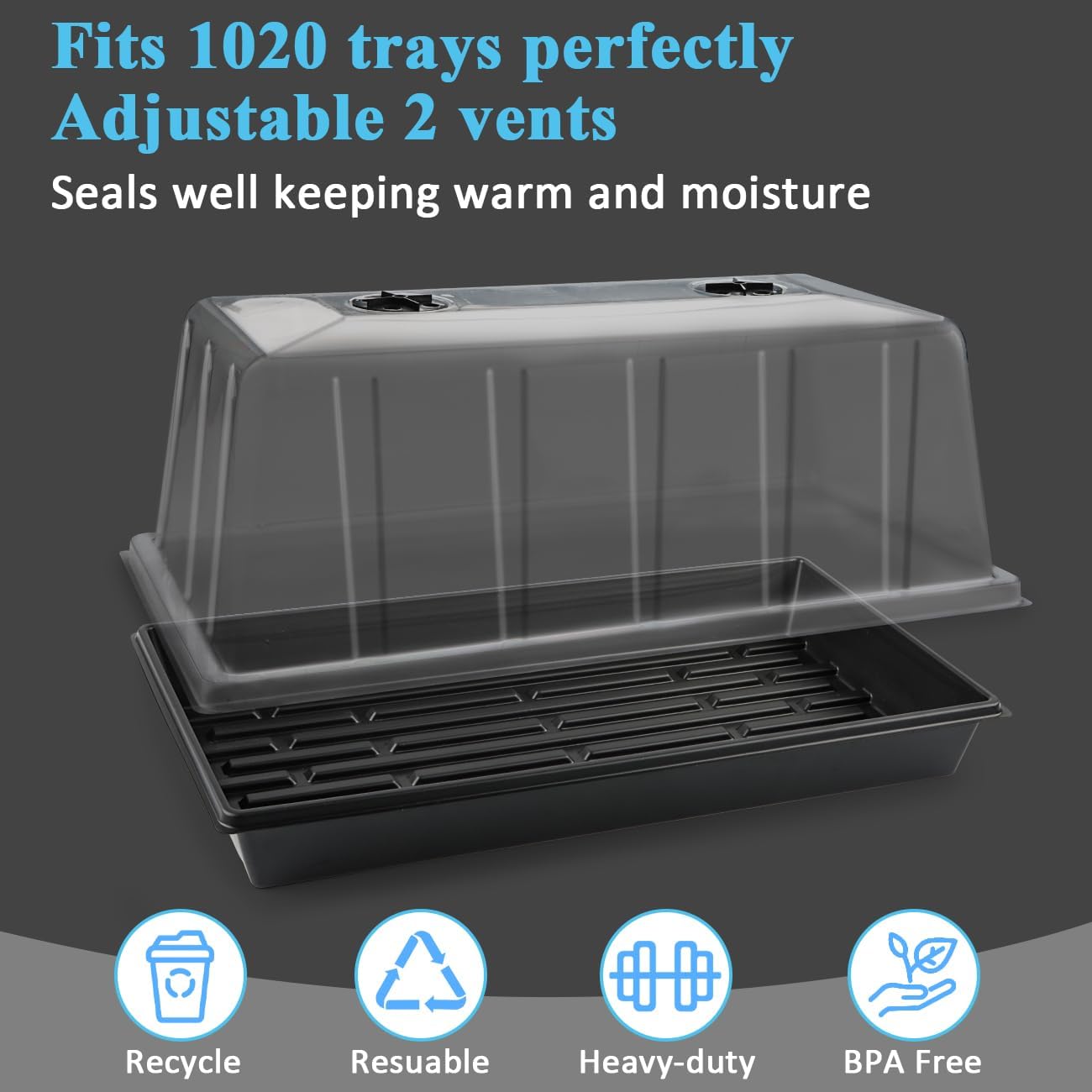 BTPLASTIK 10 Pack 7.3" High Humidity Domes for 1020 Seed Trays – Thicker Platic Clear Humidity Dome with Adjustable Vents, BPA-Free, Fits Standard 10"x20" Trays for Germination, Propagation, Cloning