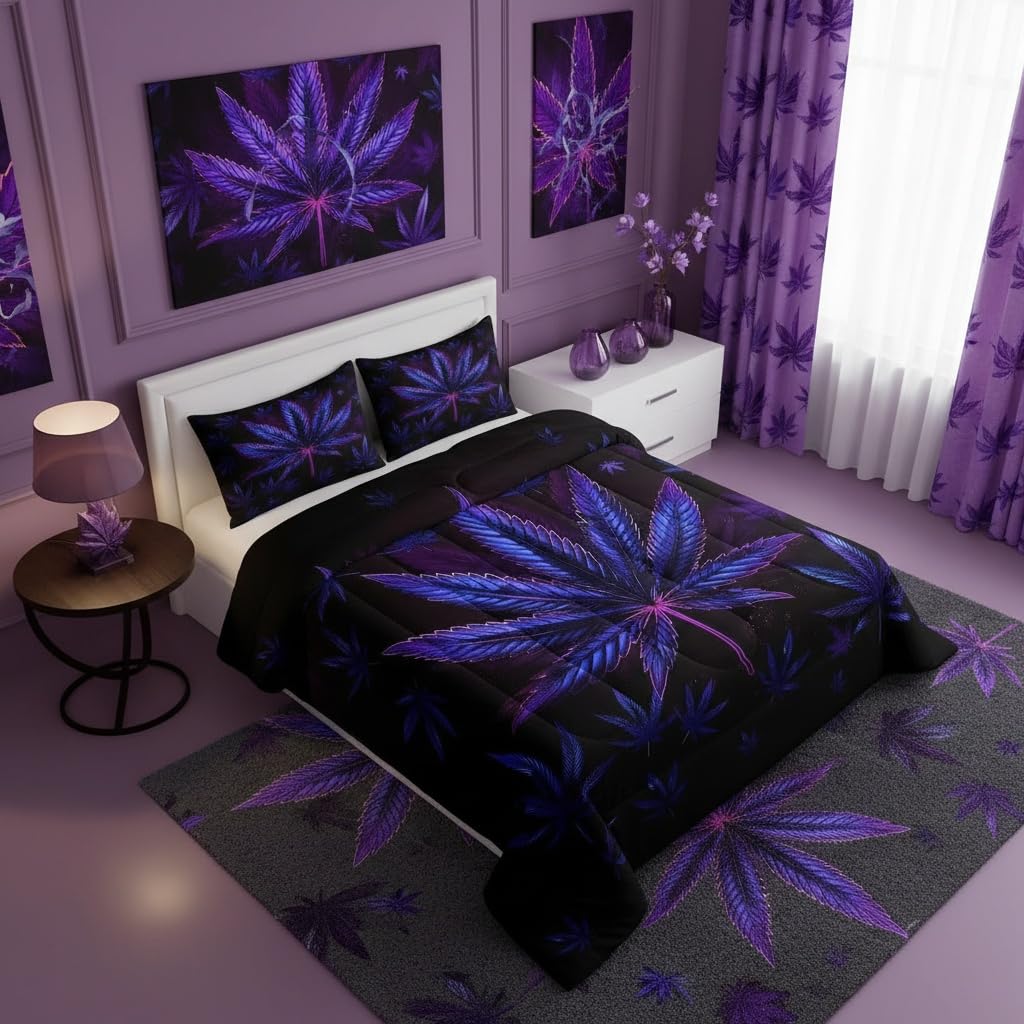 Cannabis Leaf Comforter Set Queen Size 3 Pcs,Marijuana Leaf Weed Psychedelic Bedding Set,Neon Green Leaves Botanical Trippy Quilt Set for Young Adults,2 Pillowcases