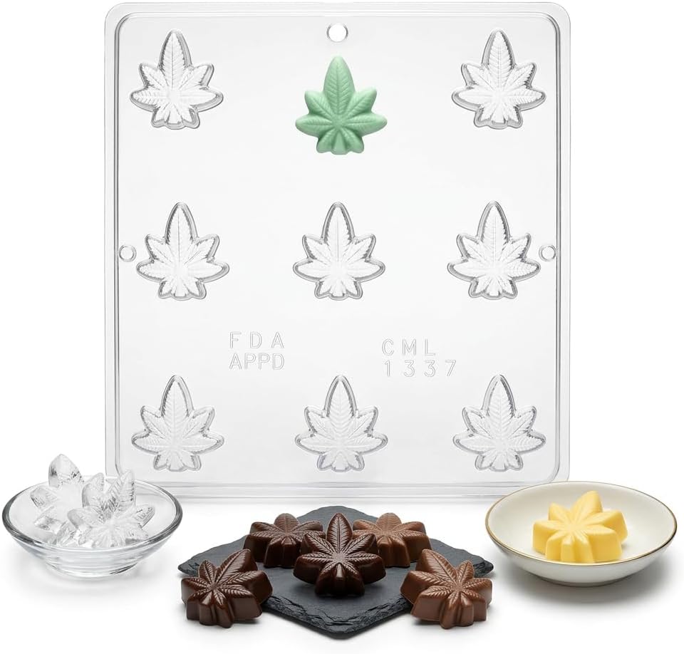Bite Size Marijuana Leaf Design Chocolate Candy Mold 1337, Food Grade Plastic, 9 Cavities, 1 Inch Diameter
