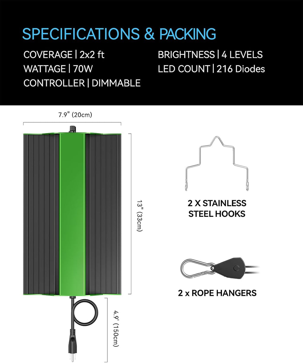70W Led Grow Light,Meet the Spectral Requirements for Plant Growth,hangable Grow Light for a Variety of Indoor Growing scenarios