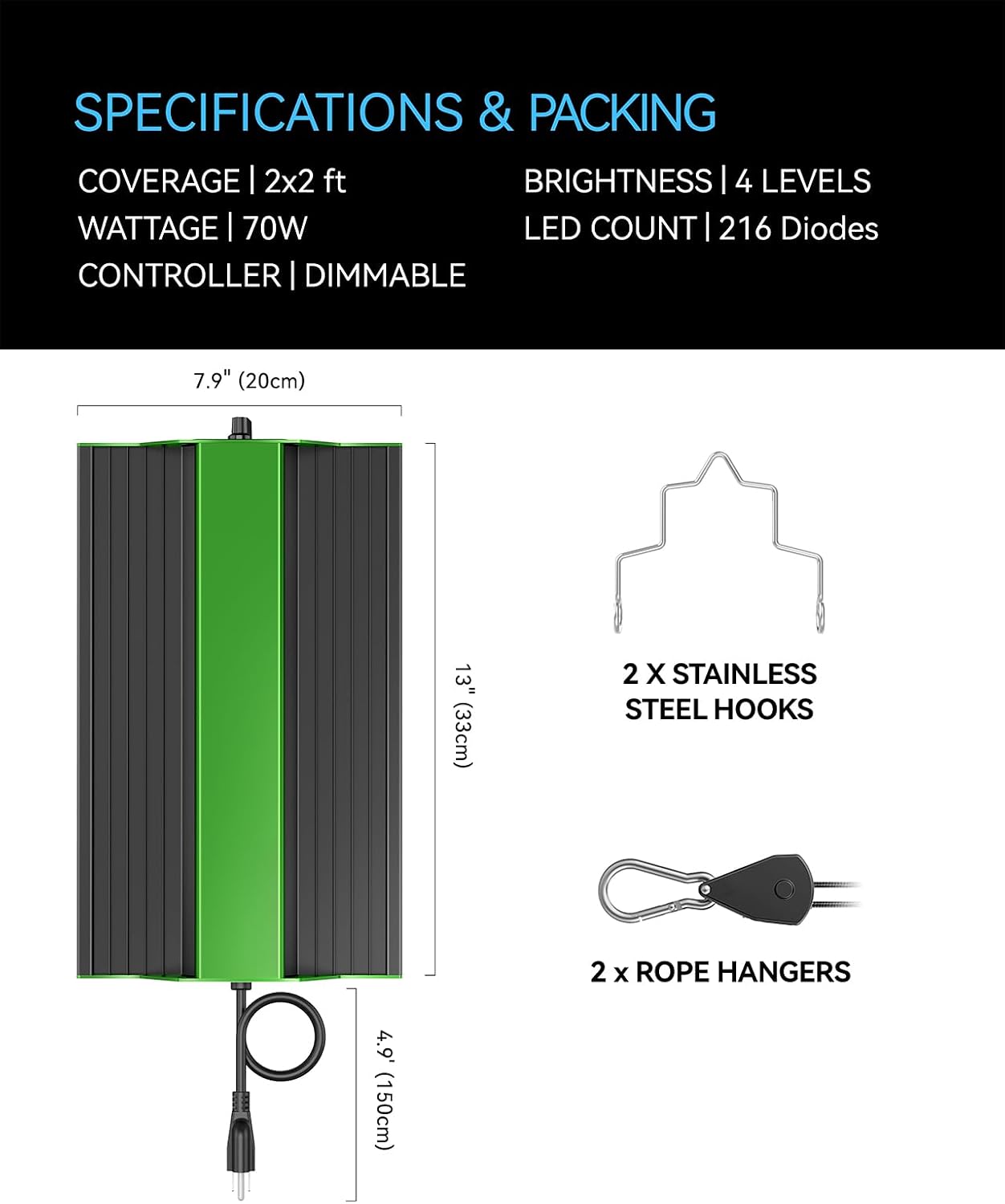 70W Led Grow Light,Meet the Spectral Requirements for Plant Growth,hangable Grow Light for a Variety of Indoor Growing scenarios