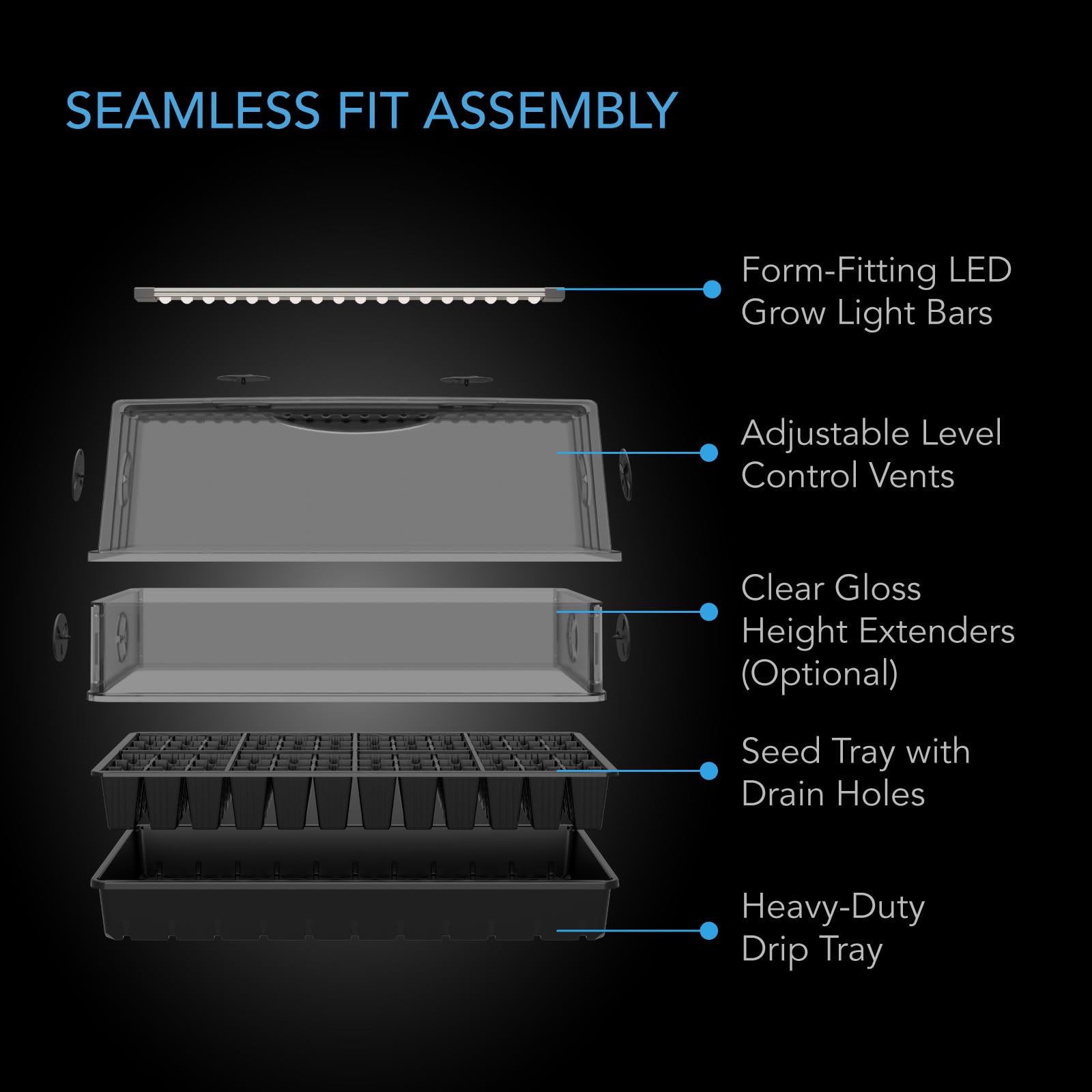 AC Infinity Heavy-Duty Humidity Dome 5x8 Germination Kit | Full Spectrum LED Grow Light Bars w/Samsung LM301H EVO LEDs, Heat Mat, 3mm Dome, Trays, Vented Panels, for Seed Starting