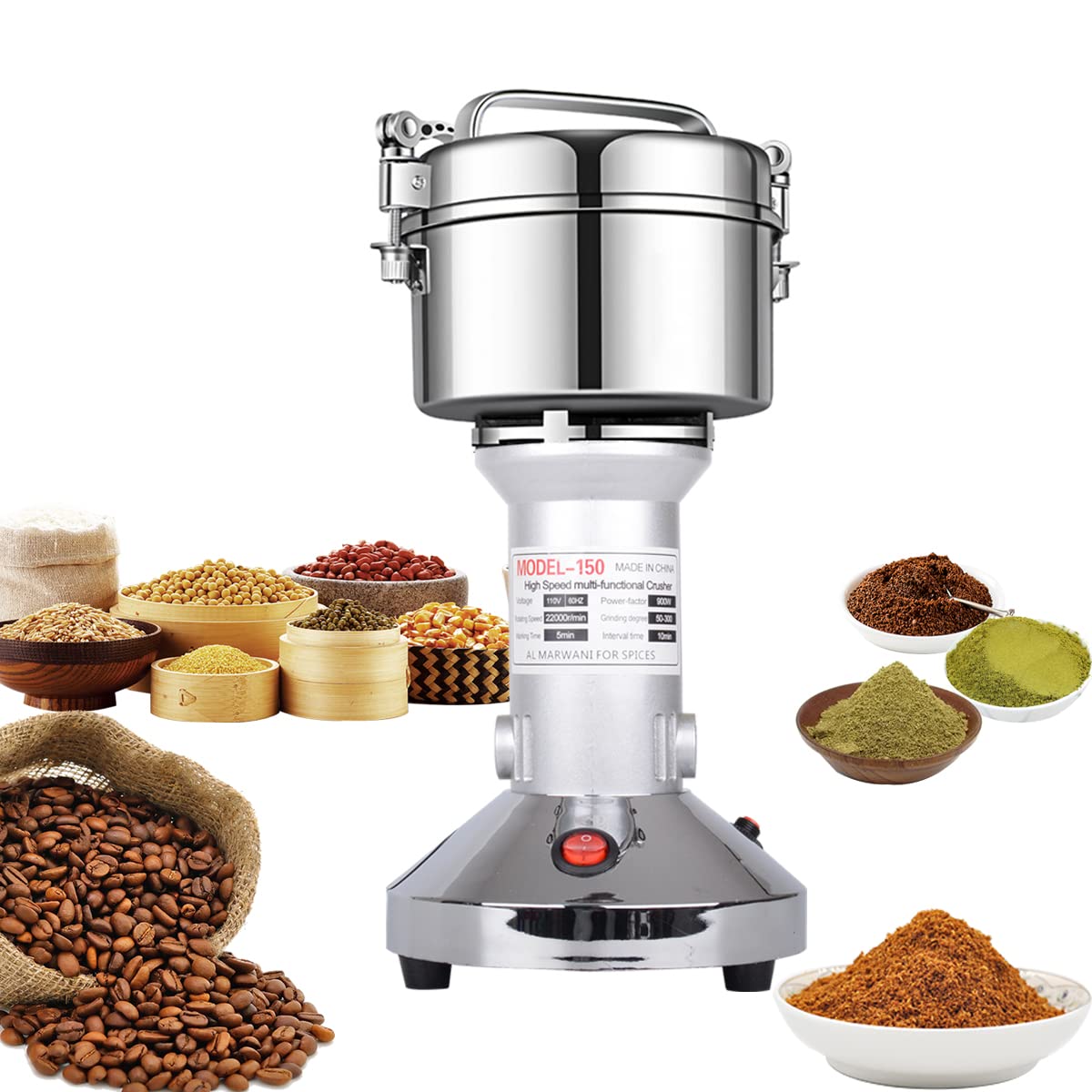 Electric Grain Grinder Mill 1000g High-speed Spice Herb Mill Commercial Powder Machine for Dry Cereals Grain Herb Spice Coffee Corn Bean (1000g Stand Type)