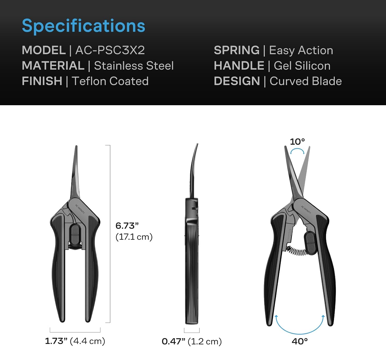 AC Infinity 6.6” Stainless Steel Curved Pruning Shear 2-Pack | Lightweight Ergonomic Design, Curved Precision Blades with Nonstick Teflon Coating for Gardening, Hydroponics, Grow Tents