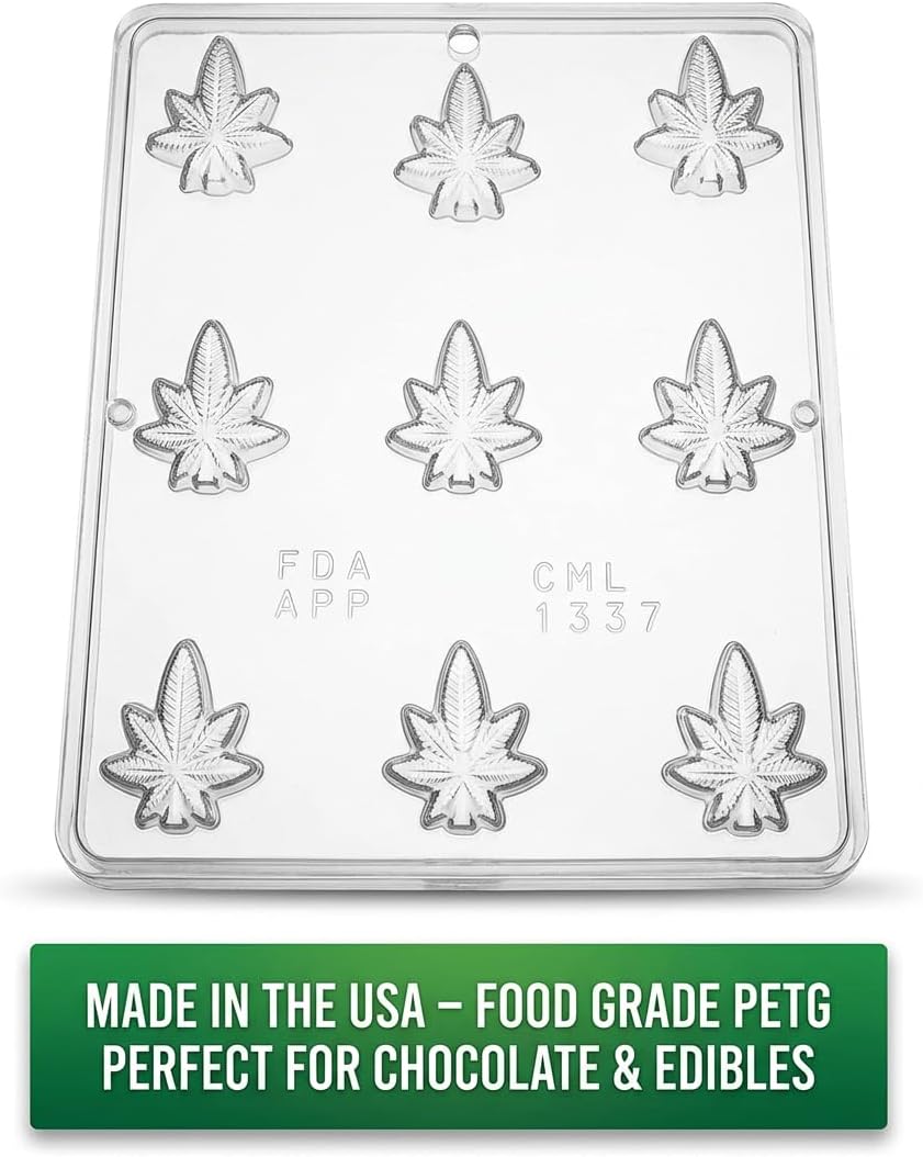 Bite Size Marijuana Leaf Design Chocolate Candy Mold 1337, Food Grade Plastic, 9 Cavities, 1 Inch Diameter