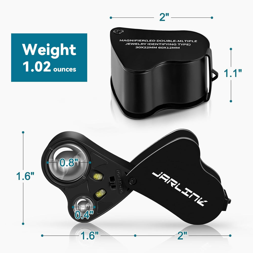 JARLINK 30X 60X Illuminated Jewelers Loupe Magnifier | Foldable Magnifier Equipped with Bright LED Light, Ideal for Inspecting Gems, Jewelry, Coins and Stamps