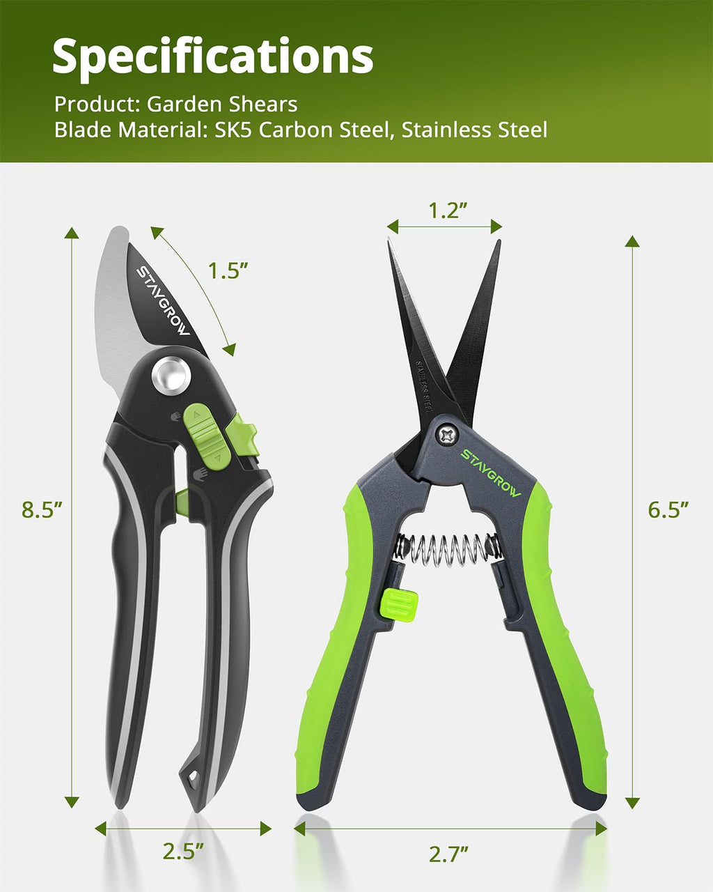 2pcs 6.5" Pruning Shears for Gardening Ultra Sharp Garden Scissors | Plant Snips for Precise Cuts, Stainless Steel Bonsai Clippers with Spring Loaded, Garden Shears (1pc Straight & 1pc Curved)