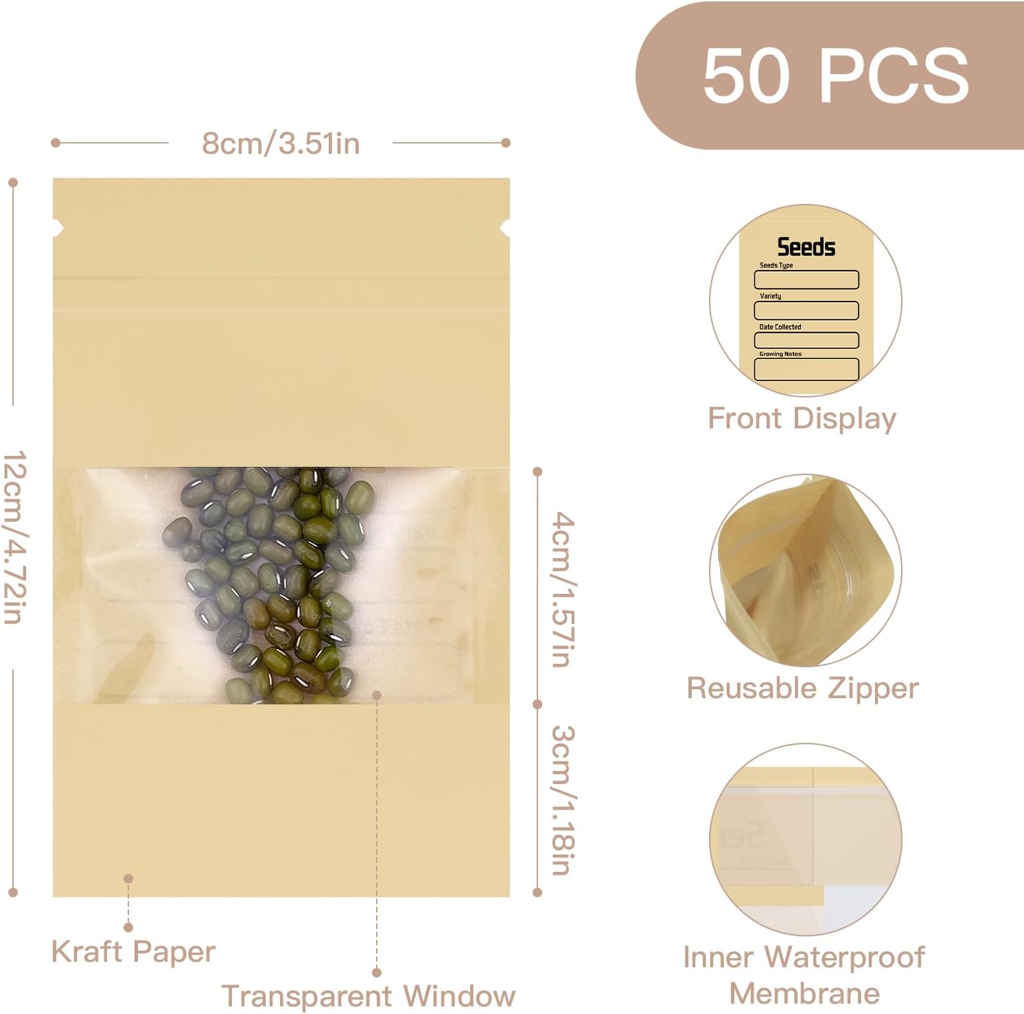 Seed Organizer Storage Binder with 50 PCS Resealable Seed Envelopes, Cyan | 50 Pockets, 3.5x5 Inch Clear Sleeves, Seed Saver for Garden Lover