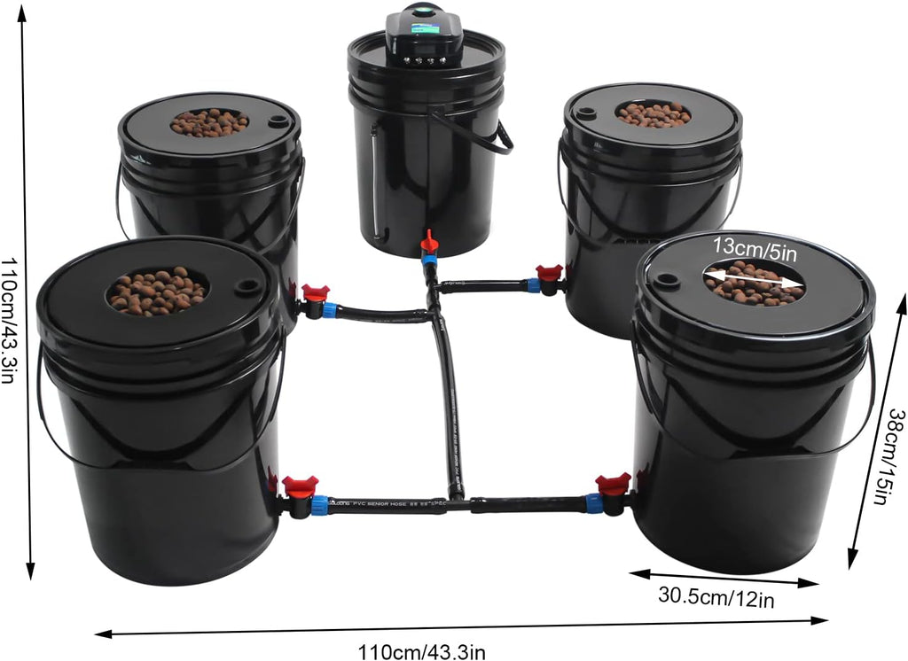 DWC Hydroponic Growing System, 5-Gallon Deep Water Culture, Deep Culture Growing Kit with 5 Buckets, Pump, Air Stone and Water Level Device, for Indoor/Outdoor Leafy Vegetables