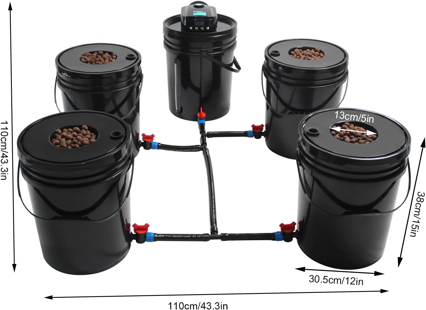 DWC Hydroponic Growing System, 5-Gallon Deep Water Culture, Deep Culture Growing Kit with 5 Buckets, Pump, Air Stone and Water Level Device, for Indoor/Outdoor Leafy Vegetables