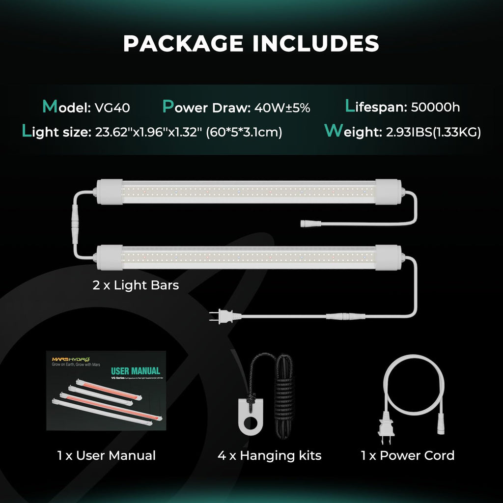 MARS HYDRO VG80 4ft LED Grow Light Full Spectrum IP65 | 2x4 Coverage, 5000K Seedling Spectrum, Daisy Chain Linkable, Plug & Play, 2-Pack 40W
