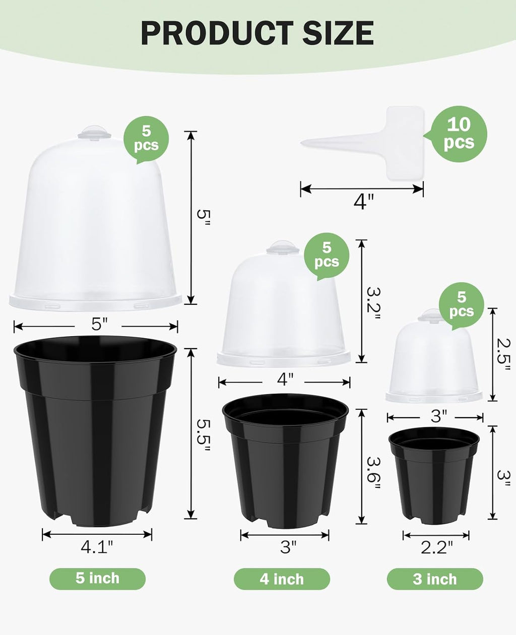 3/4/5 Inch Black Plastic Nursery Pots with Humidity Domes (15 Pcs) | Drainage holes and raised bases improve airflow, while plant labels identify cuttings, seedlings, herbs and young succulents.