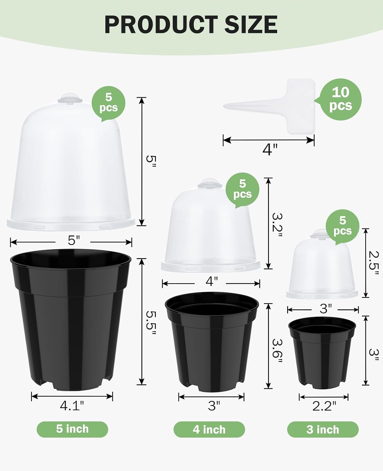 3/4/5 Inch Black Plastic Nursery Pots with Humidity Domes (15 Pcs) | Drainage holes and raised bases improve airflow, while plant labels identify cuttings, seedlings, herbs and young succulents.