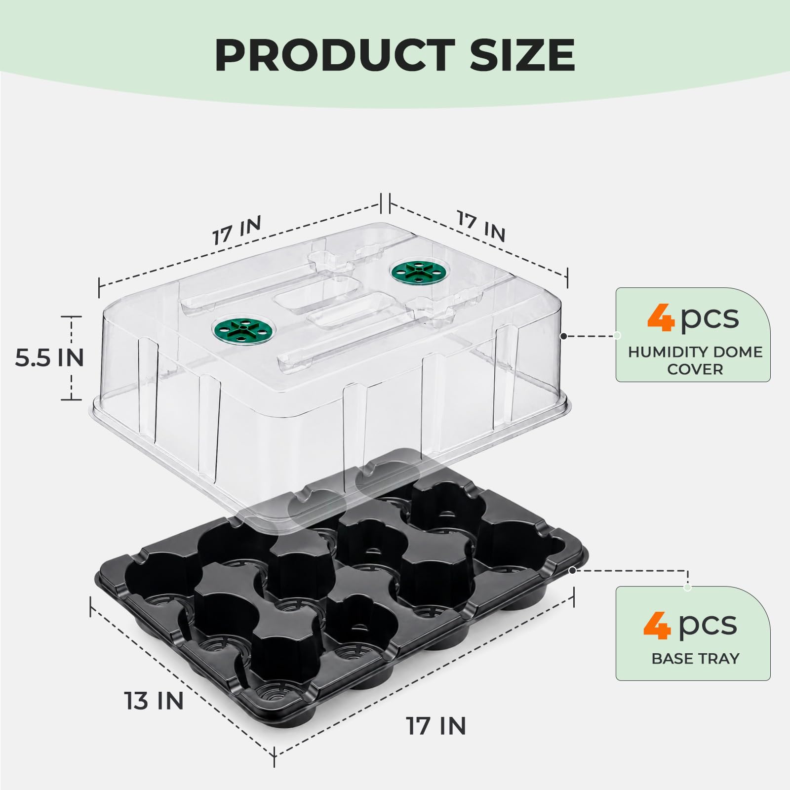 4 Pack 20 Cell Seed Starting Trays with 4 Vented Humidity Domes | Compatible with standard 3 inch nursery pots. Thick reusable trays have deep cells, raised bases and adjustable dome vents.