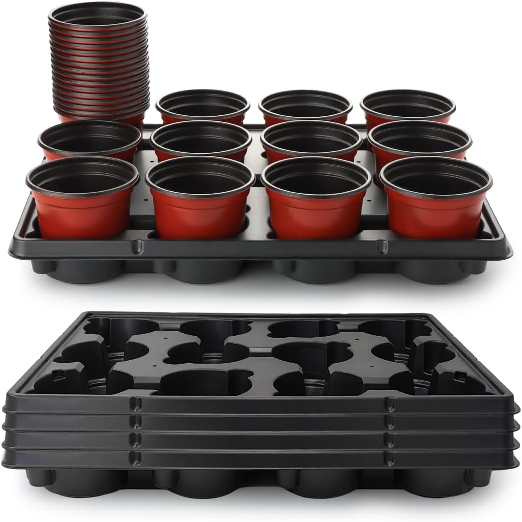 RooTrimmer 4 inch Round Nursery Pots 60pcs, 12 Cell Nursery Pots Trays 5 Pcs, Sturdy Seeds Starting Germination Shuttle Carrying Trays, Small Planter Nursery Propagation 5 Sets