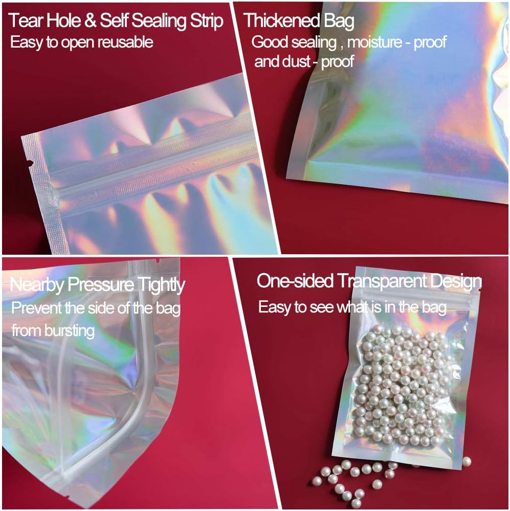 100 Pieces Mylar Holographic Resealable Bags - 4 x 6" Smell Proof Bags, Foil Pouch for Party Favor Food Storage (Holographic Color, 4 x 6 Inch)