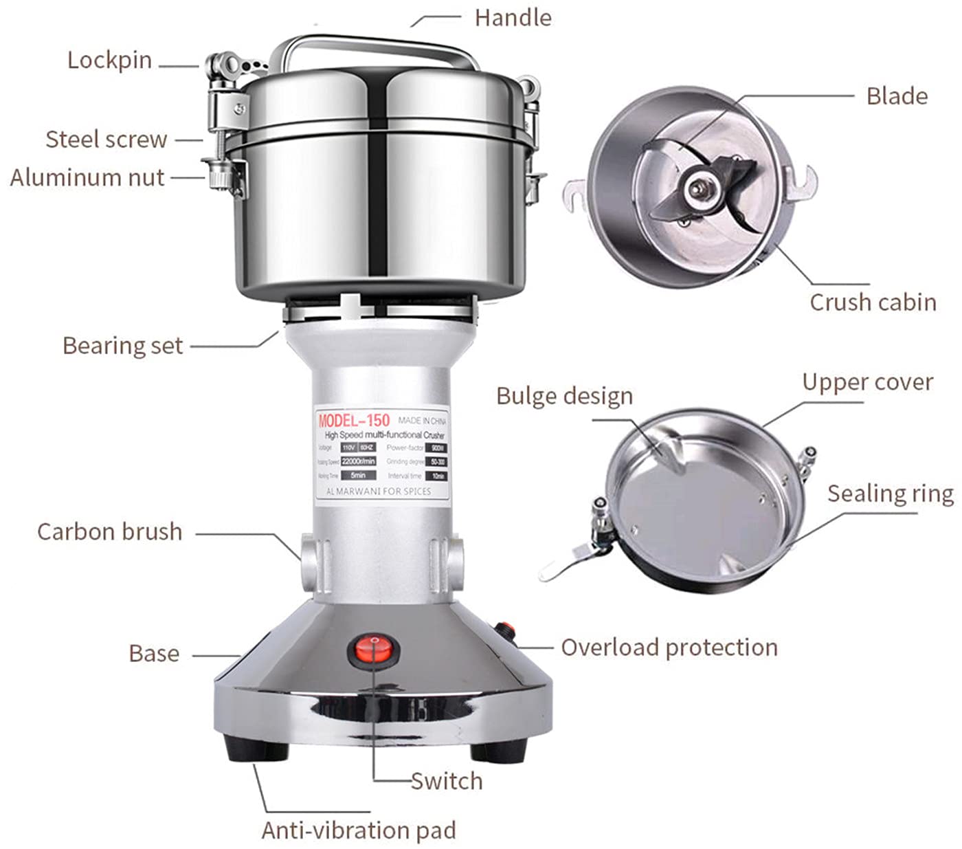 Electric Grain Grinder Mill 1000g High-speed Spice Herb Mill Commercial Powder Machine for Dry Cereals Grain Herb Spice Coffee Corn Bean (1000g Stand Type)