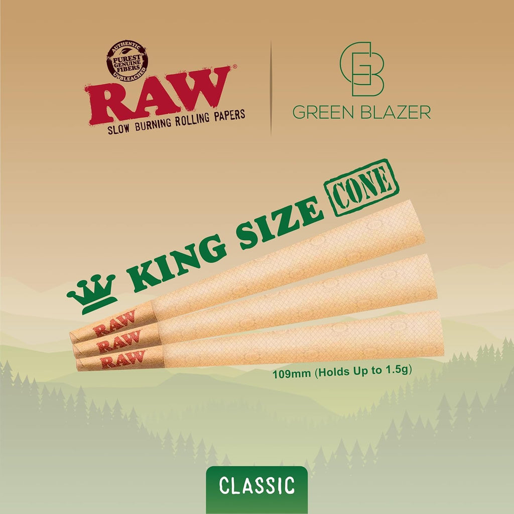 RAW Cones Classic King: 50 Pack, Pre Rolled Cones Rolling Papers, 109 mm | Food Grade Container, Green Blazer Preroll Loader, Patented Slow Burn, All Natural RAWthentic, Rolling Papers & With Tips