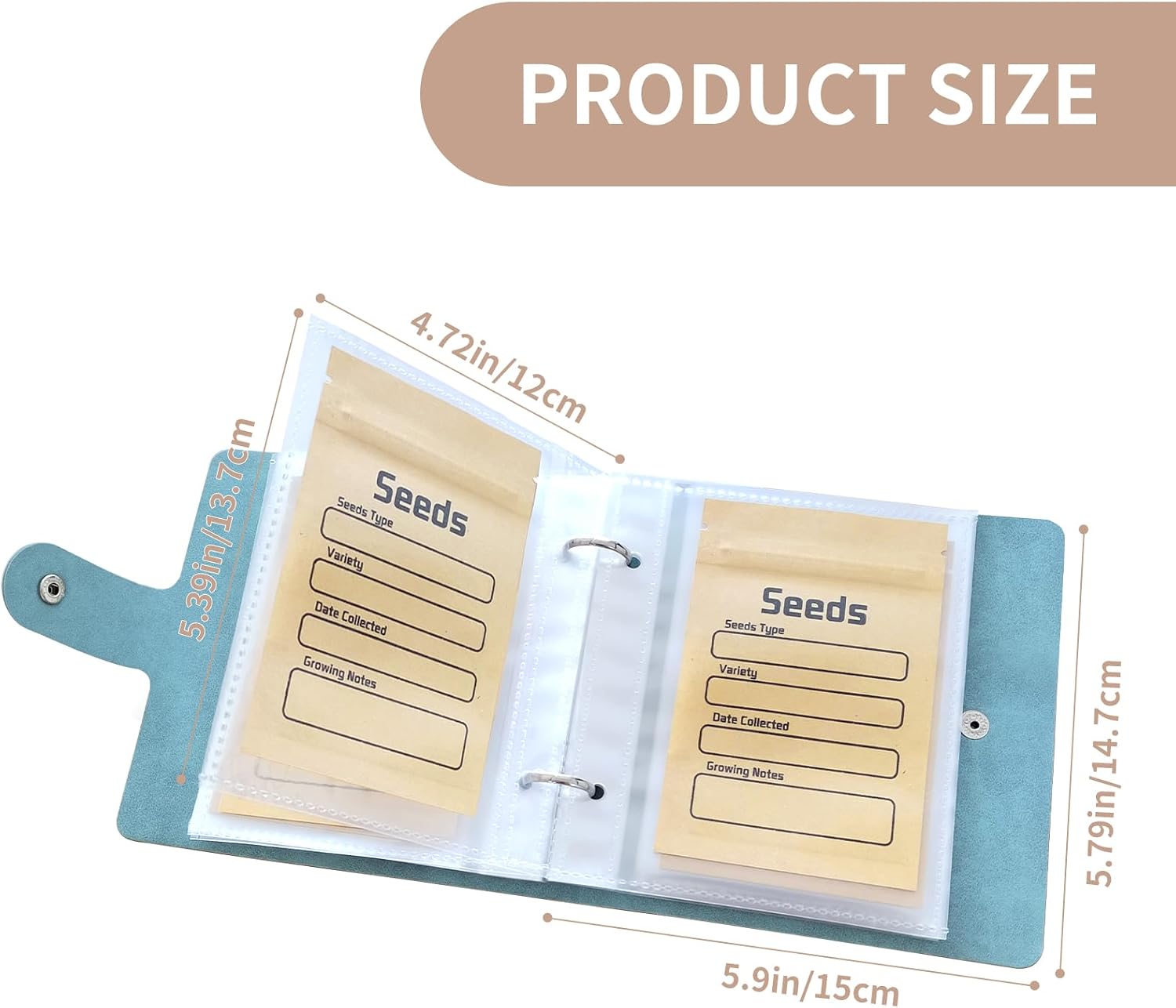 Seed Organizer Storage Binder with 50 PCS Resealable Seed Envelopes, Cyan | 50 Pockets, 3.5x5 Inch Clear Sleeves, Seed Saver for Garden Lover