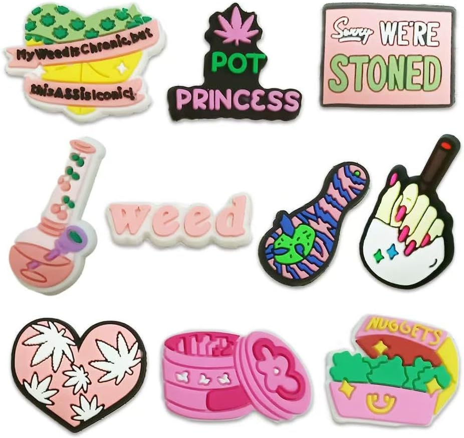 10PCS Pink Weed Shoe Charms for Adults, Cute Weed Shoe Charms for Women, Kawaii Marijuana Shoe Decoration Charms Clog Slides