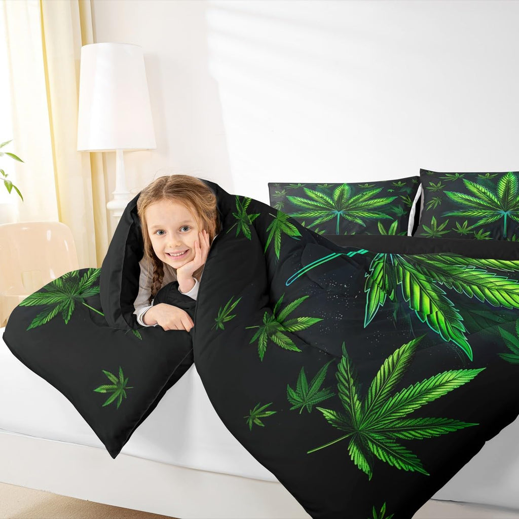 Cannabis Leaf Comforter Set Queen Size 3 Pcs,Marijuana Leaf Weed Psychedelic Bedding Set,Neon Green Leaves Botanical Trippy Quilt Set for Young Adults,2 Pillowcases