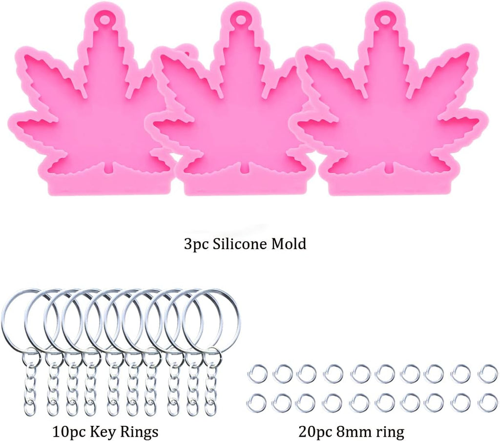 3pc Marijuana Silicone Keychain Mold, Pot Leaf Hemp Resin Epoxy Molds with 10Pc Key Ring (DY0156+DY0156+DY0156+PJ)