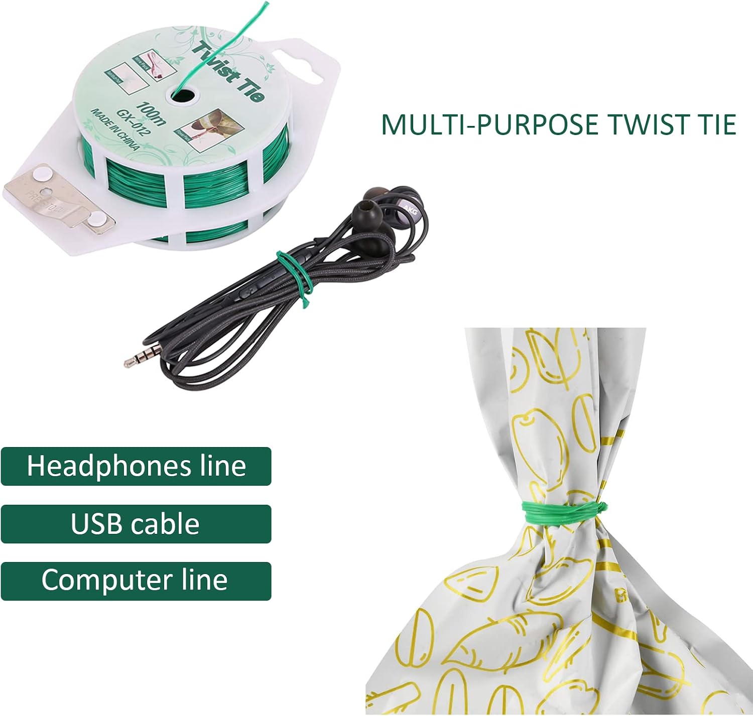 Twist Ties - All-Purpose Coated 328feet Garden Plant Ties with Trimmer Garden Twine Support Ties Reusable for Gardening Plants Growth and Care, Office Home Cable Organization (Green)