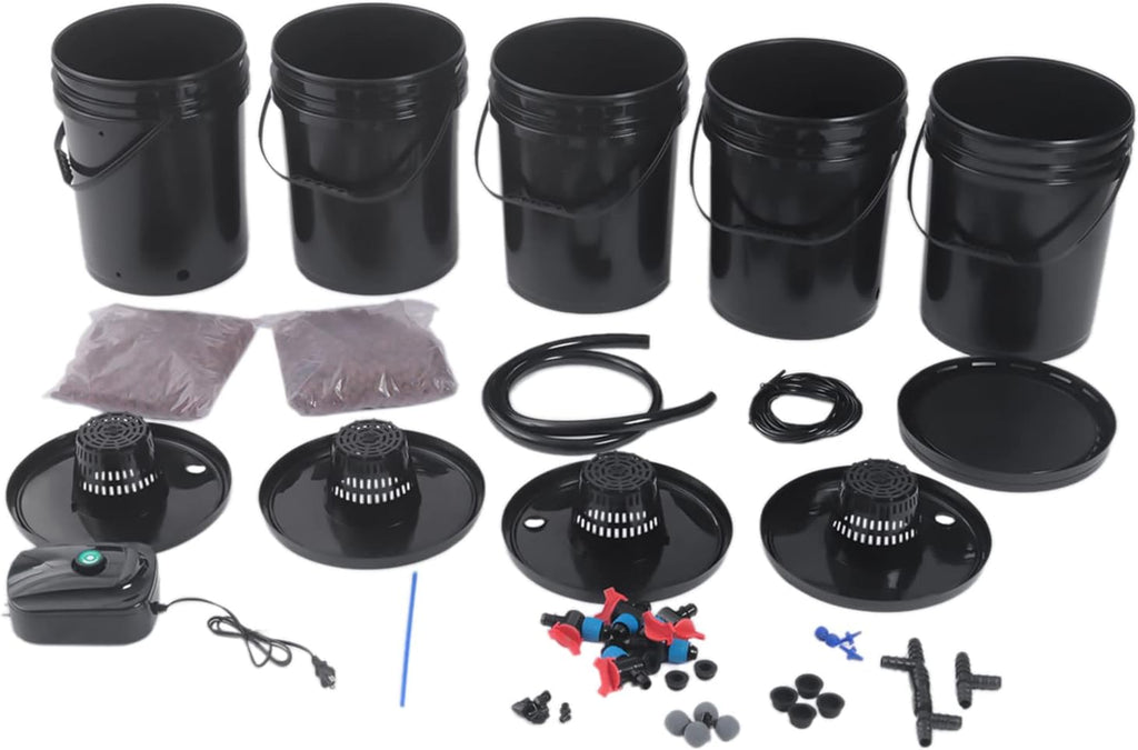 DWC Hydroponic Growing System, 5-Gallon Deep Water Culture, Deep Culture Growing Kit with 5 Buckets, Pump, Air Stone and Water Level Device, for Indoor/Outdoor Leafy Vegetables