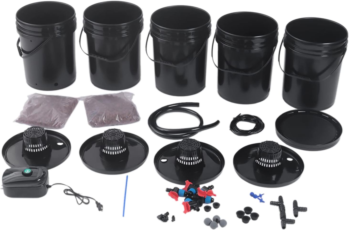 DWC Hydroponic Growing System, 5-Gallon Deep Water Culture, Deep Culture Growing Kit with 5 Buckets, Pump, Air Stone and Water Level Device, for Indoor/Outdoor Leafy Vegetables