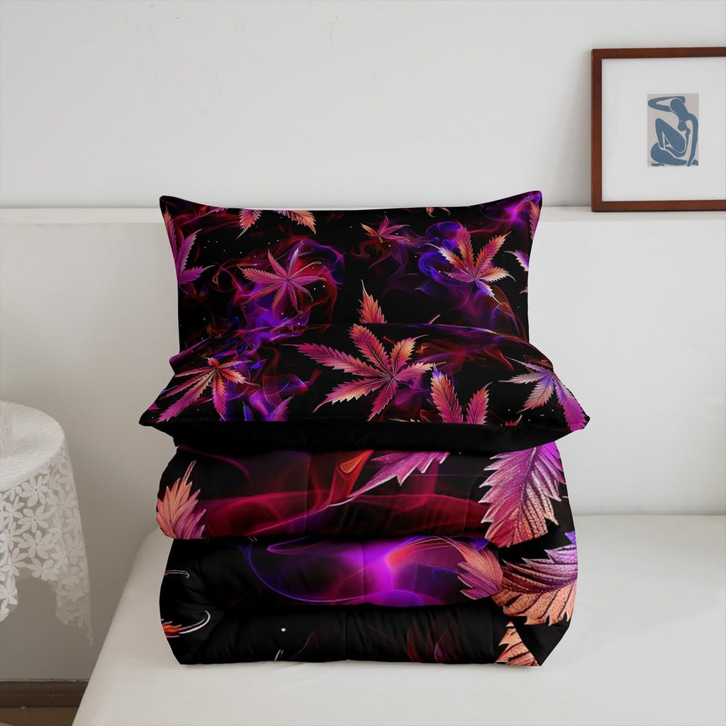 Cannabis Leaf Comforter Set Queen Size 3 Pcs,Marijuana Leaf Weed Psychedelic Bedding Set,Neon Green Leaves Botanical Trippy Quilt Set for Young Adults,2 Pillowcases