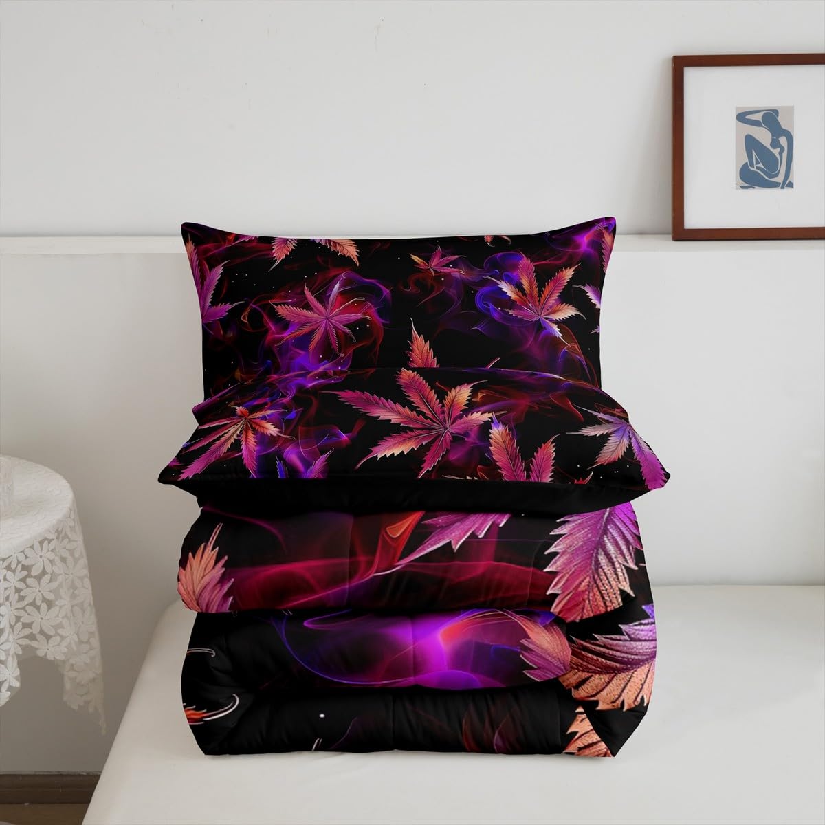 Cannabis Leaf Comforter Set Queen Size 3 Pcs,Marijuana Leaf Weed Psychedelic Bedding Set,Neon Green Leaves Botanical Trippy Quilt Set for Young Adults,2 Pillowcases