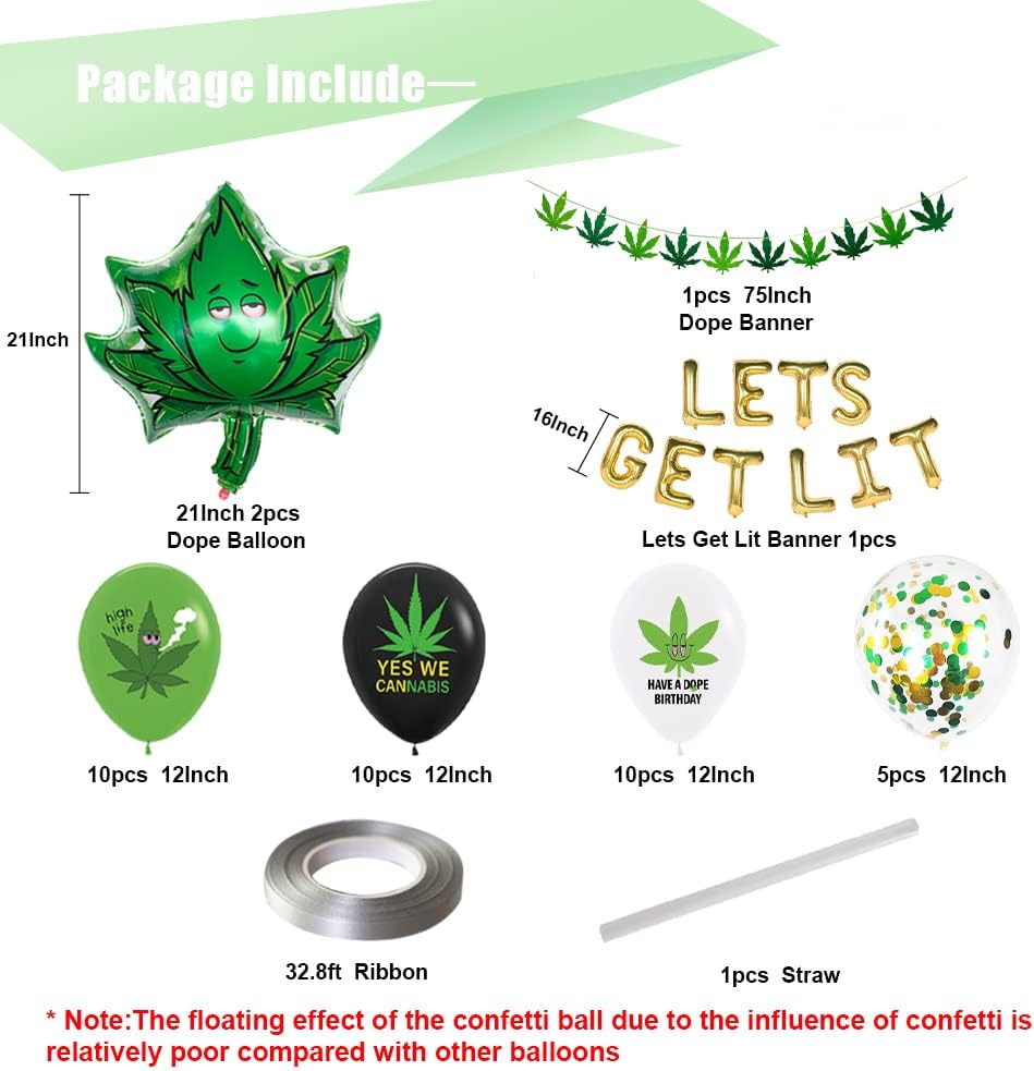 47pcs 'lets get lit' Party decorations for adults, weed set includes Latex Marijuana balloons, weed shape foil balloons and banner, Green Confetti balloons, For cannabis birthday-themed party