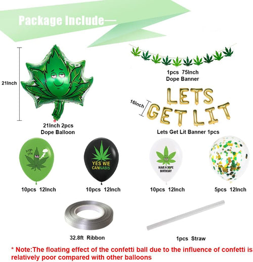 47pcs 'lets get lit' Party decorations for adults, weed set includes Latex Marijuana balloons, weed shape foil balloons and banner, Green Confetti balloons, For cannabis birthday-themed party